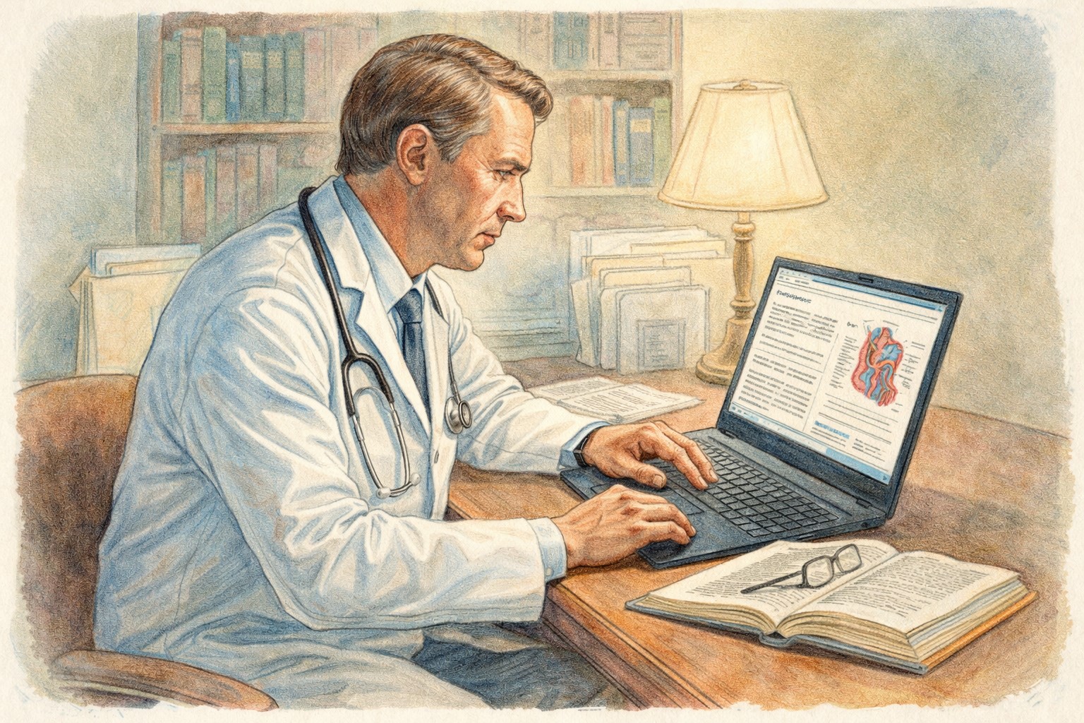 Medico che studia aggiornamenti clinici al computer